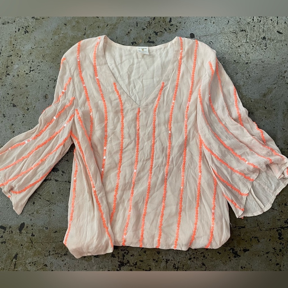 By Together Cream and Orange Sequin Rayon 3/4 Sleeve Bohemian Blouse Size Medium